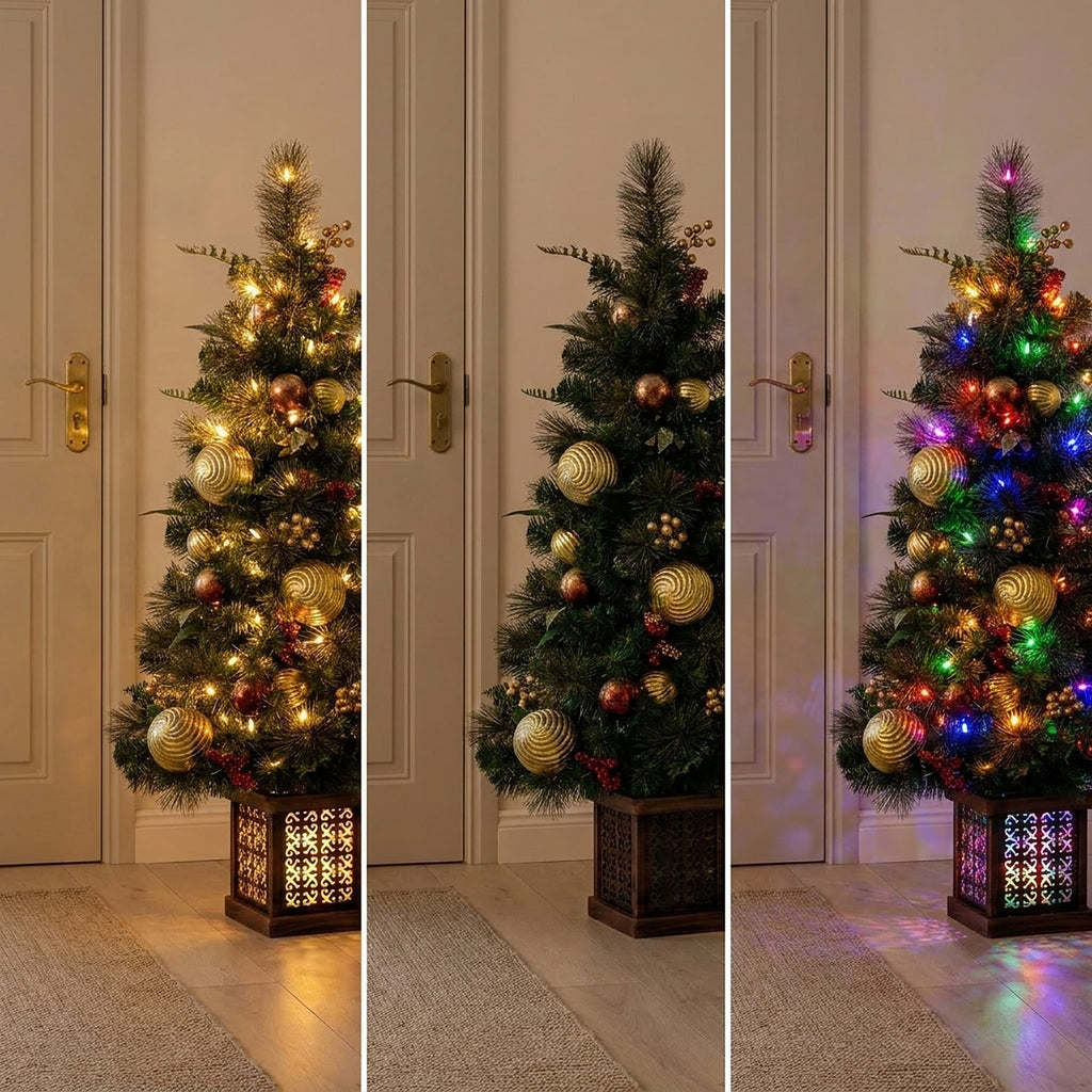 Christabelle 1.2m 4ft Deluxe Mountain Pine Potted Christmas Tree Pre Lit Multi Function LED Artificial Indoor Xmas Decor