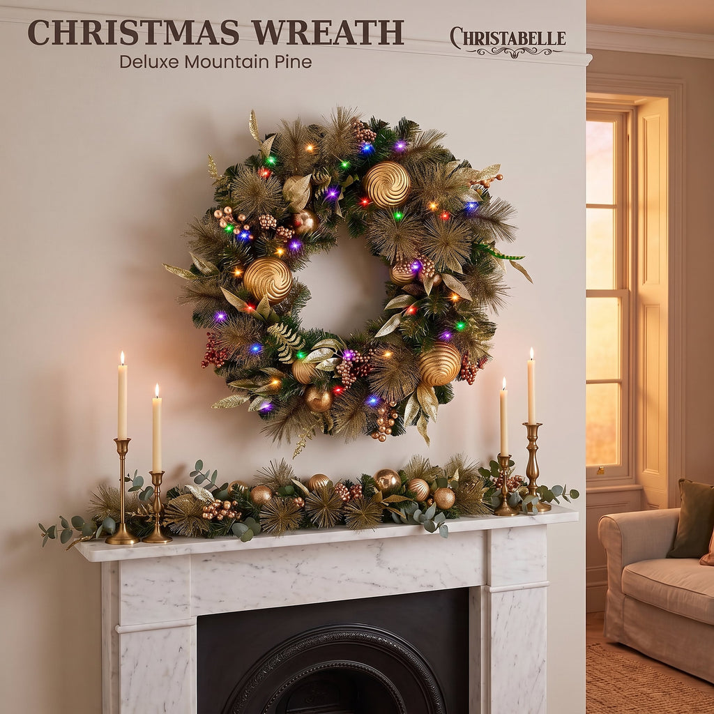Christabelle 61cm Deluxe Mountain Pine Christmas Wreath Pre Lit Multi Function LED Timer Front Door Xmas Decoration Home