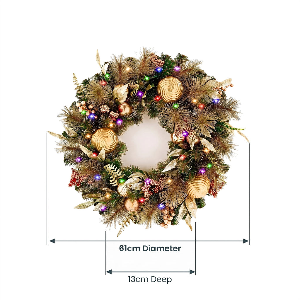 Christabelle 61cm Deluxe Mountain Pine Christmas Wreath Pre Lit Multi Function LED Timer Front Door Xmas Decoration Home