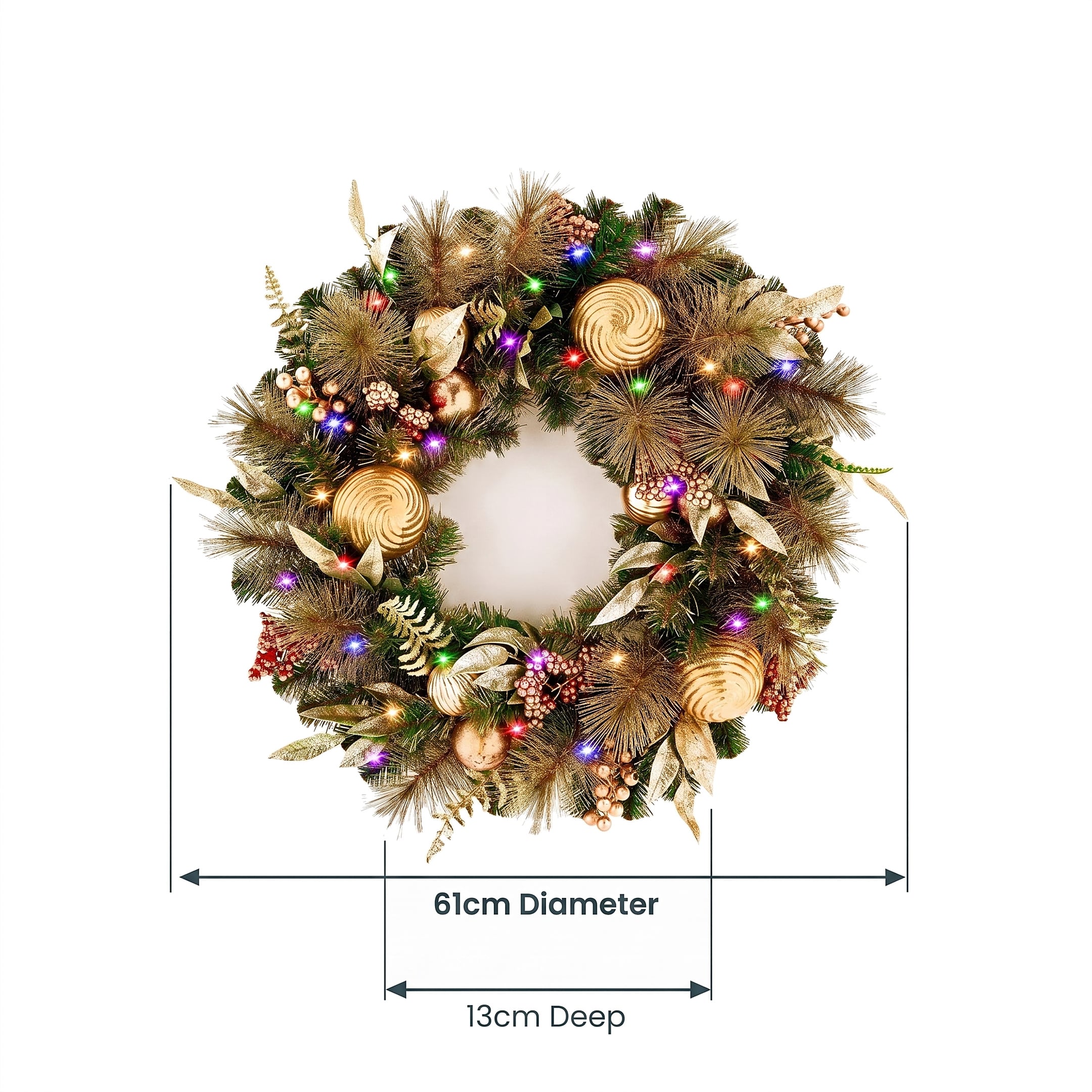 Christabelle 61cm Deluxe Mountain Pine Christmas Wreath Pre Lit Multi Function LED Timer Front Door Xmas Decoration Home