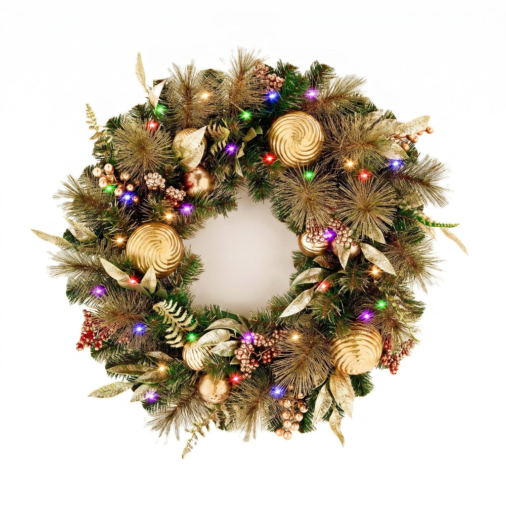 Christabelle 61cm Deluxe Mountain Pine Christmas Wreath Pre Lit Multi Function LED Timer Front Door Xmas Decoration Home