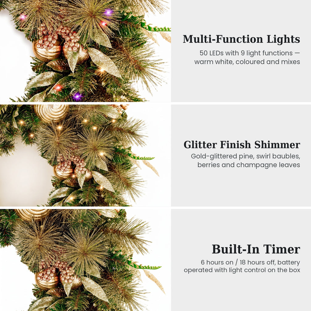 Christabelle 61cm Deluxe Mountain Pine Christmas Wreath Pre Lit Multi Function LED Timer Front Door Xmas Decoration Home