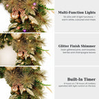 Christabelle 61cm Deluxe Mountain Pine Christmas Wreath Pre Lit Multi Function LED Timer Front Door Xmas Decoration Home