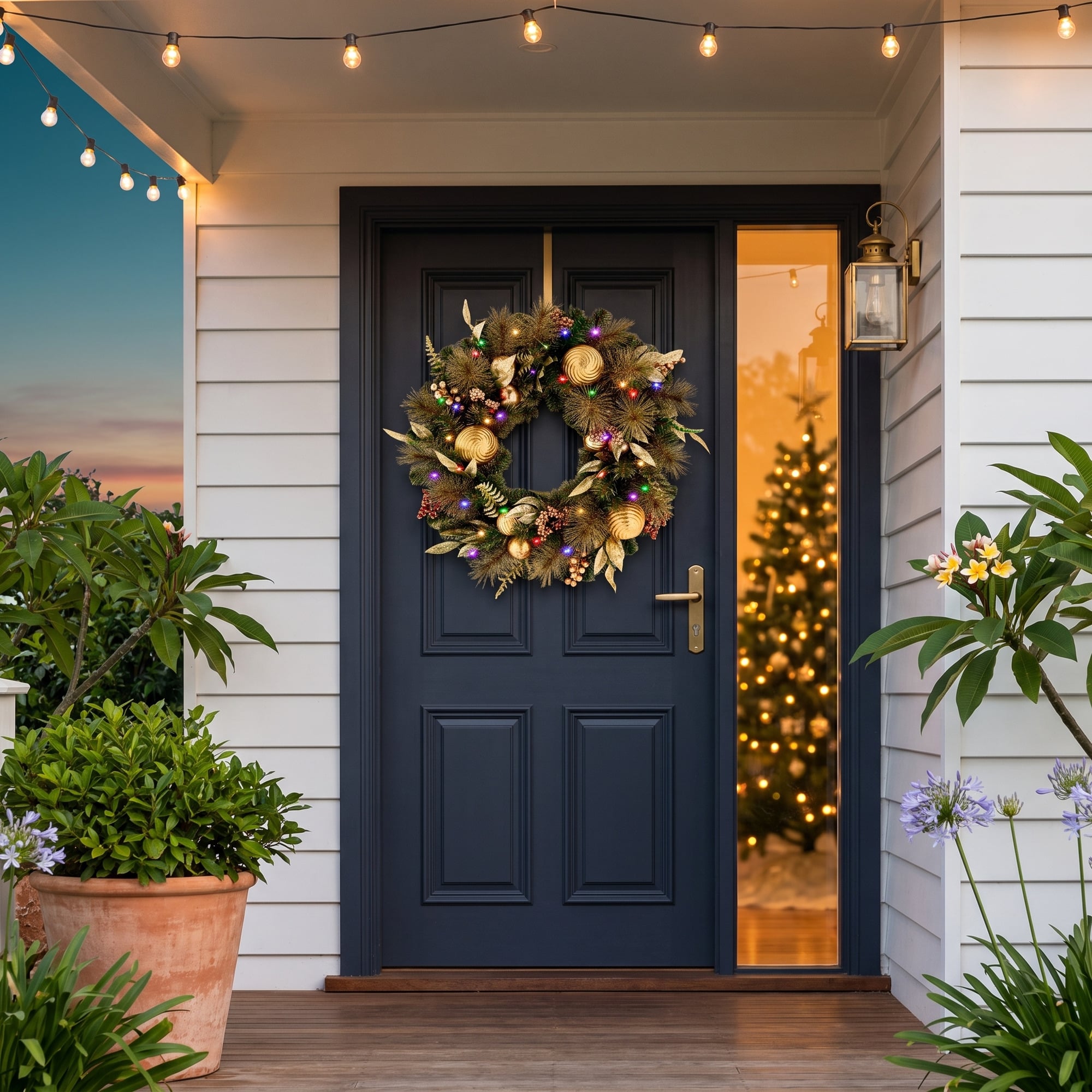 Christabelle 61cm Deluxe Mountain Pine Christmas Wreath Pre Lit Multi Function LED Timer Front Door Xmas Decoration Home