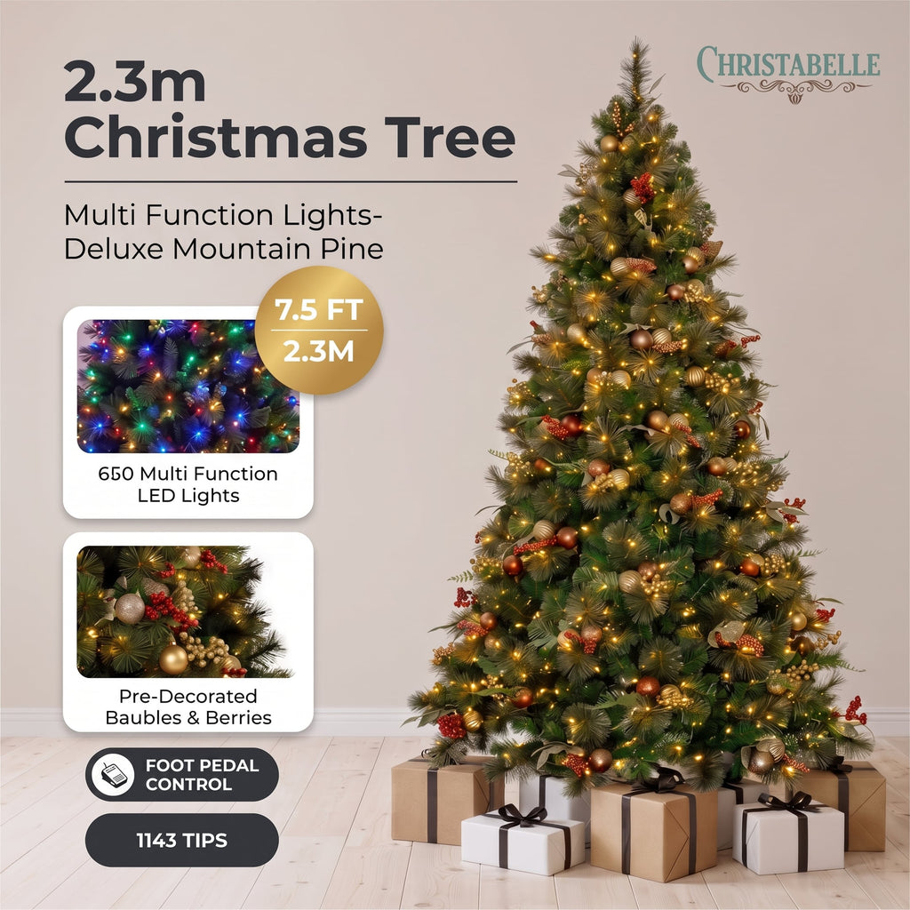 Christabelle 2.3m 7.5ft Deluxe Mountain Pine Christmas Tree Pre Lit Multi Function LED Artificial Indoor Xmas Decor Home