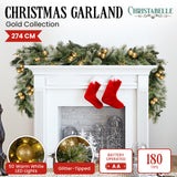 Christabelle 274cm Battery-Operated Christmas Garland with Warm White Lights - Gold Collection