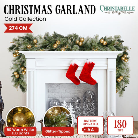 Christabelle 274cm Battery-Operated Christmas Garland with Warm White Lights - Gold Collection