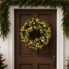 Christabelle 61cm Christmas Wreath Glittery Tipped with LED Lights and Golden Baubles Front Door Decoration Ornament