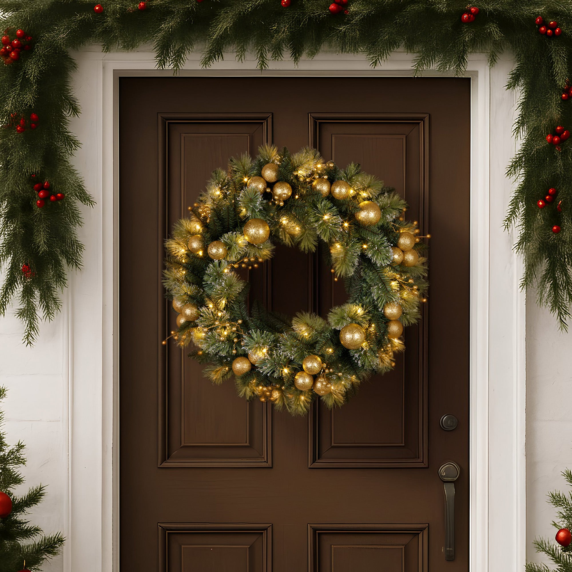 Christabelle 61cm Christmas Wreath Glittery Tipped with LED Lights and Golden Baubles Front Door Decoration Ornament