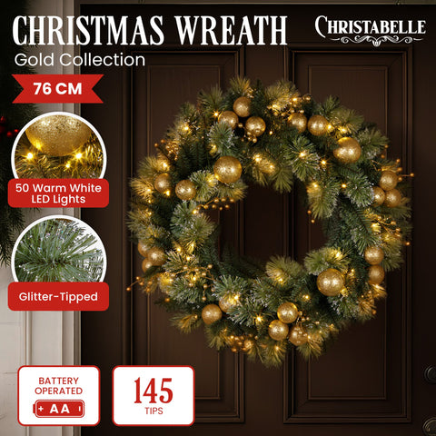 Christabelle 76cm Christmas Wreath Battery-Operated Warm White Lights Xmas Decor Gold Baubles