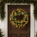 Christabelle 76cm Christmas Wreath Glittery Tipped with LED Lights and Golden Baubles Front Door Decoration Ornament