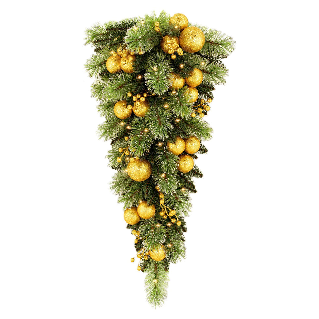 Christabelle 90cm Gold Christmas Teardrop Pre Lit Warm White LED Timer Baubles Berries Front Door Xmas Decoration Home