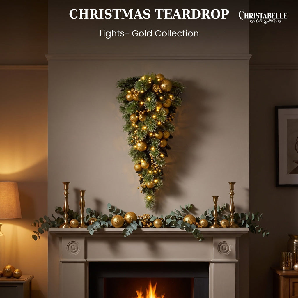 Christabelle 90cm Gold Christmas Teardrop Pre Lit Warm White LED Timer Baubles Berries Front Door Xmas Decoration Home
