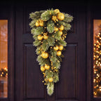 Christabelle 90cm Gold Christmas Teardrop Pre Lit Warm White LED Timer Baubles Berries Front Door Xmas Decoration Home