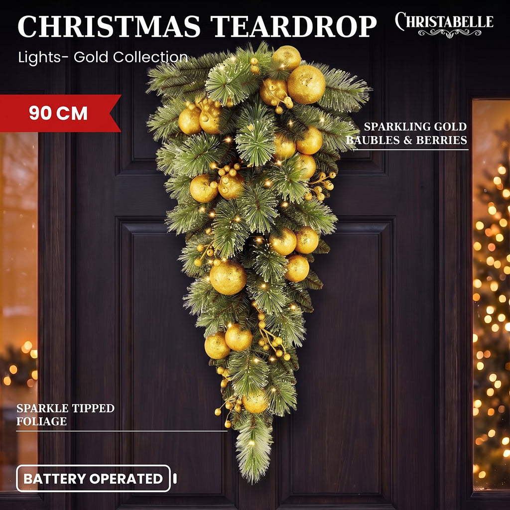 Christabelle 90cm Gold Christmas Teardrop Pre Lit Warm White LED Timer Baubles Berries Front Door Xmas Decoration Home