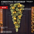 Christabelle 90cm Gold Christmas Teardrop Pre Lit Warm White LED Timer Baubles Berries Front Door Xmas Decoration Home