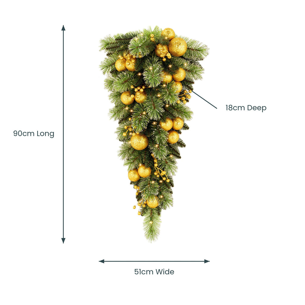 Christabelle 90cm Gold Christmas Teardrop Pre Lit Warm White LED Timer Baubles Berries Front Door Xmas Decoration Home