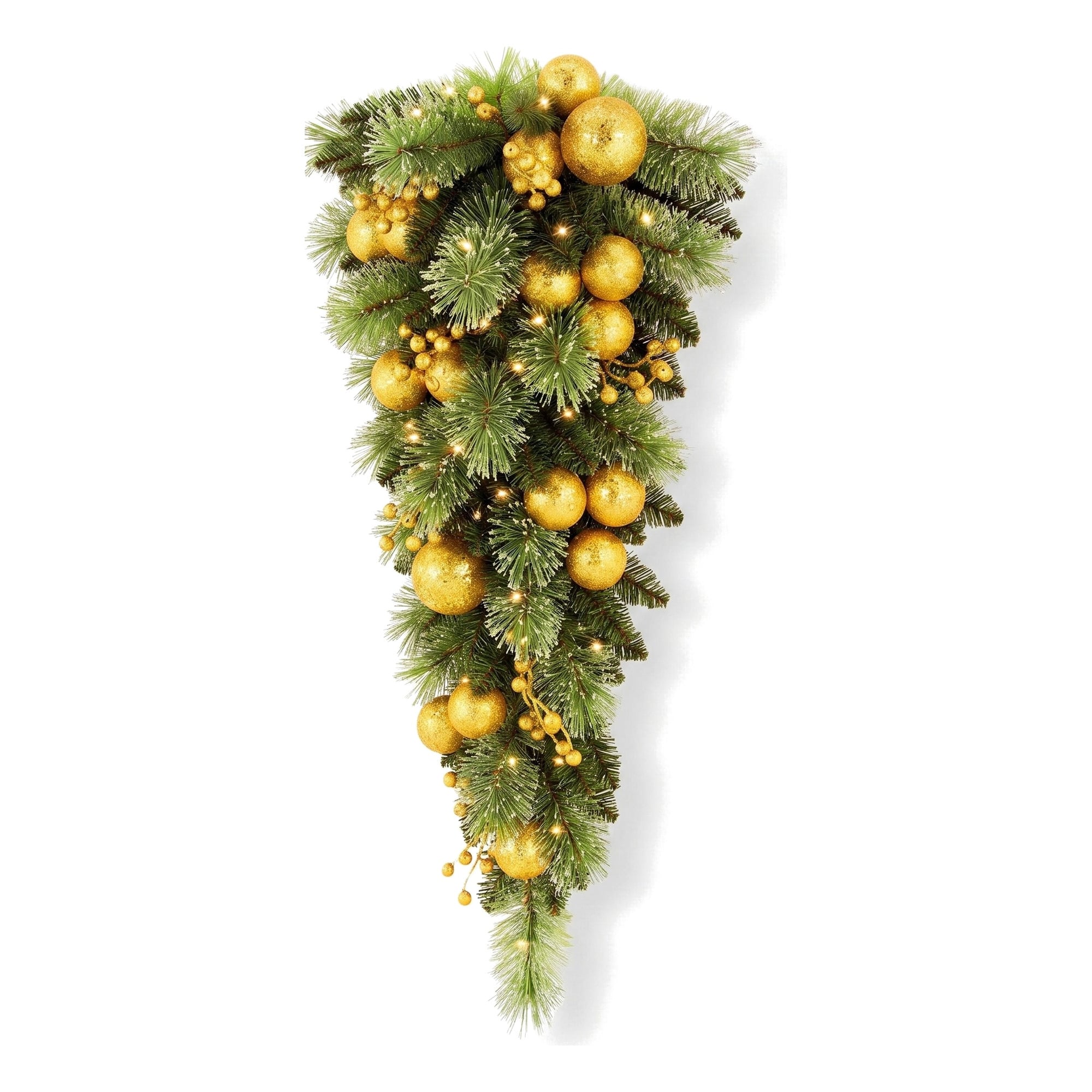 Christabelle 90cm Gold Christmas Teardrop Pre Lit Warm White LED Timer Baubles Berries Front Door Xmas Decoration Home