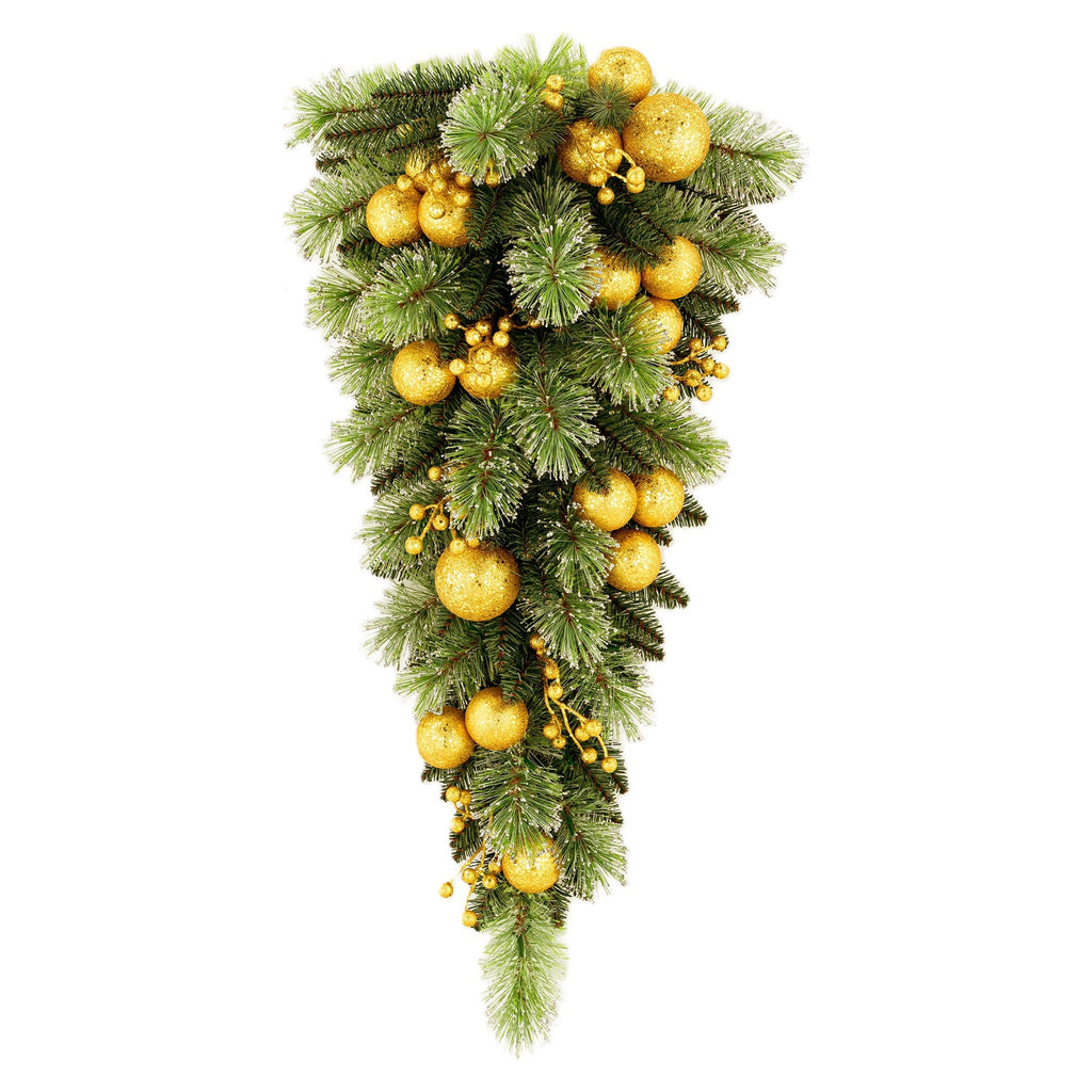 Christabelle 90cm Gold Christmas Teardrop Pre Lit Warm White LED Timer Baubles Berries Front Door Xmas Decoration Home