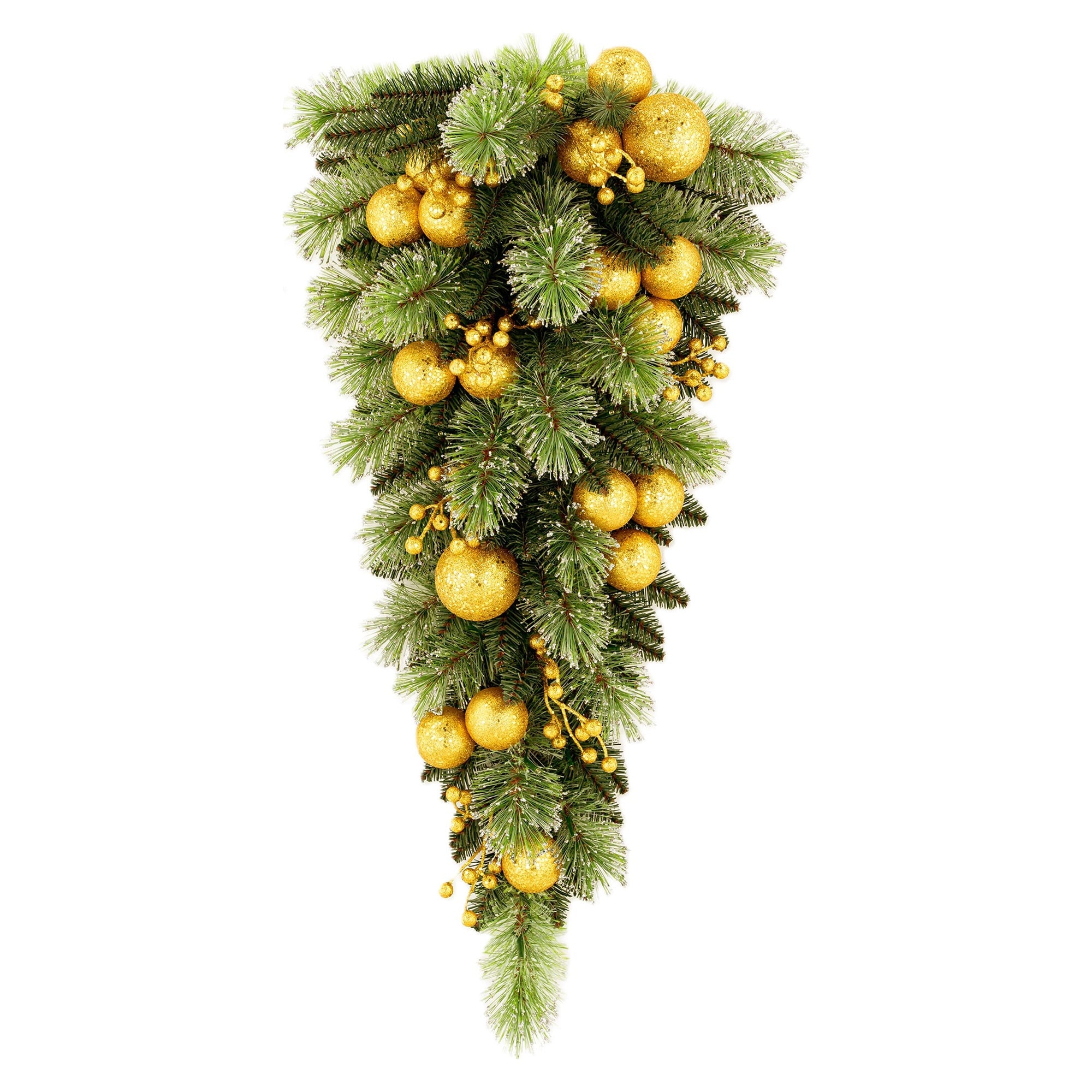 Christabelle 90cm Gold Christmas Teardrop Pre Lit Warm White LED Timer Baubles Berries Front Door Xmas Decoration Home