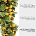 Christabelle 90cm Gold Christmas Teardrop Pre Lit Warm White LED Timer Baubles Berries Front Door Xmas Decoration Home