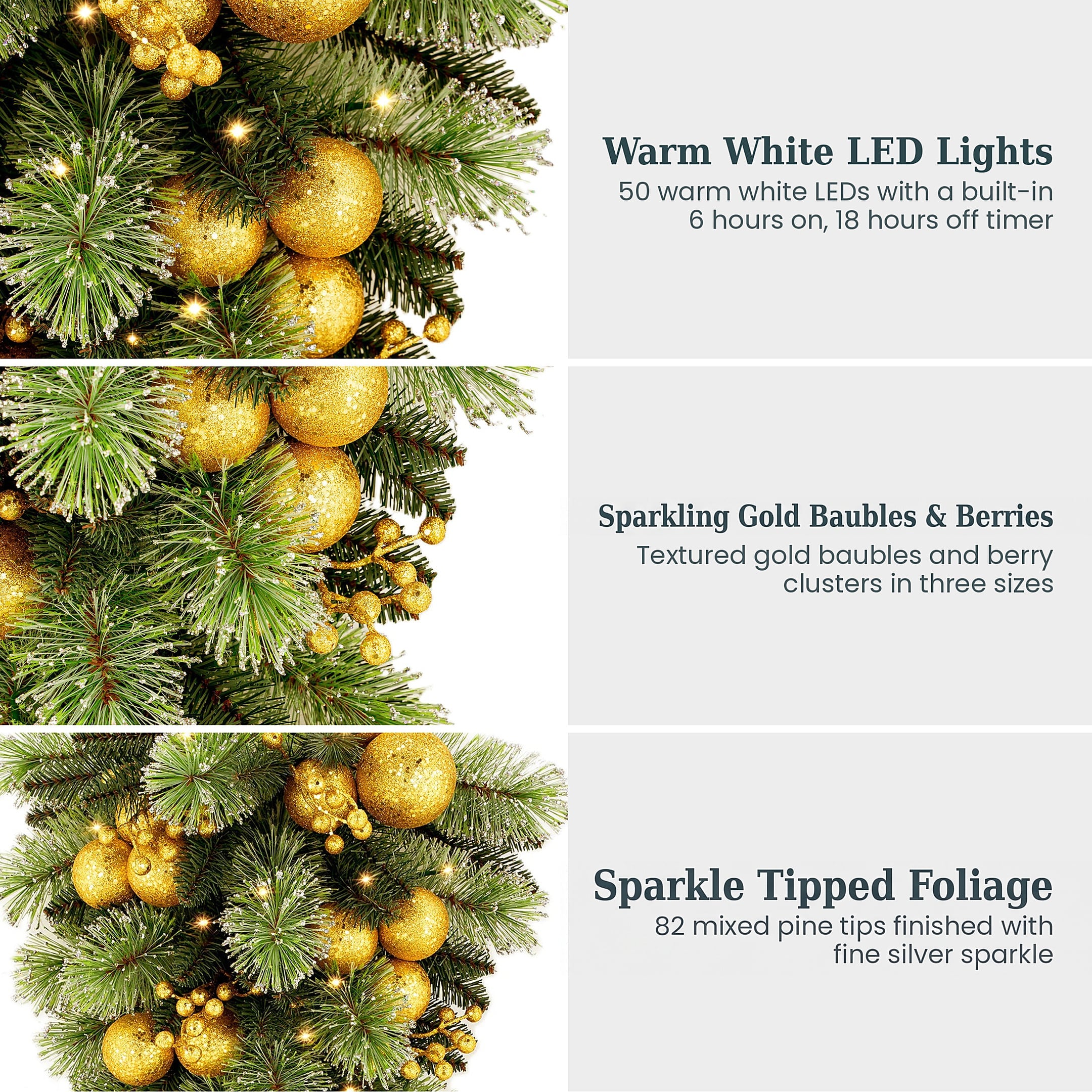 Christabelle 90cm Gold Christmas Teardrop Pre Lit Warm White LED Timer Baubles Berries Front Door Xmas Decoration Home