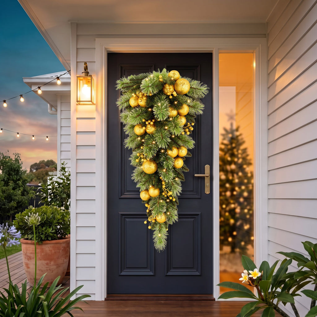 Christabelle 90cm Gold Christmas Teardrop Pre Lit Warm White LED Timer Baubles Berries Front Door Xmas Decoration Home