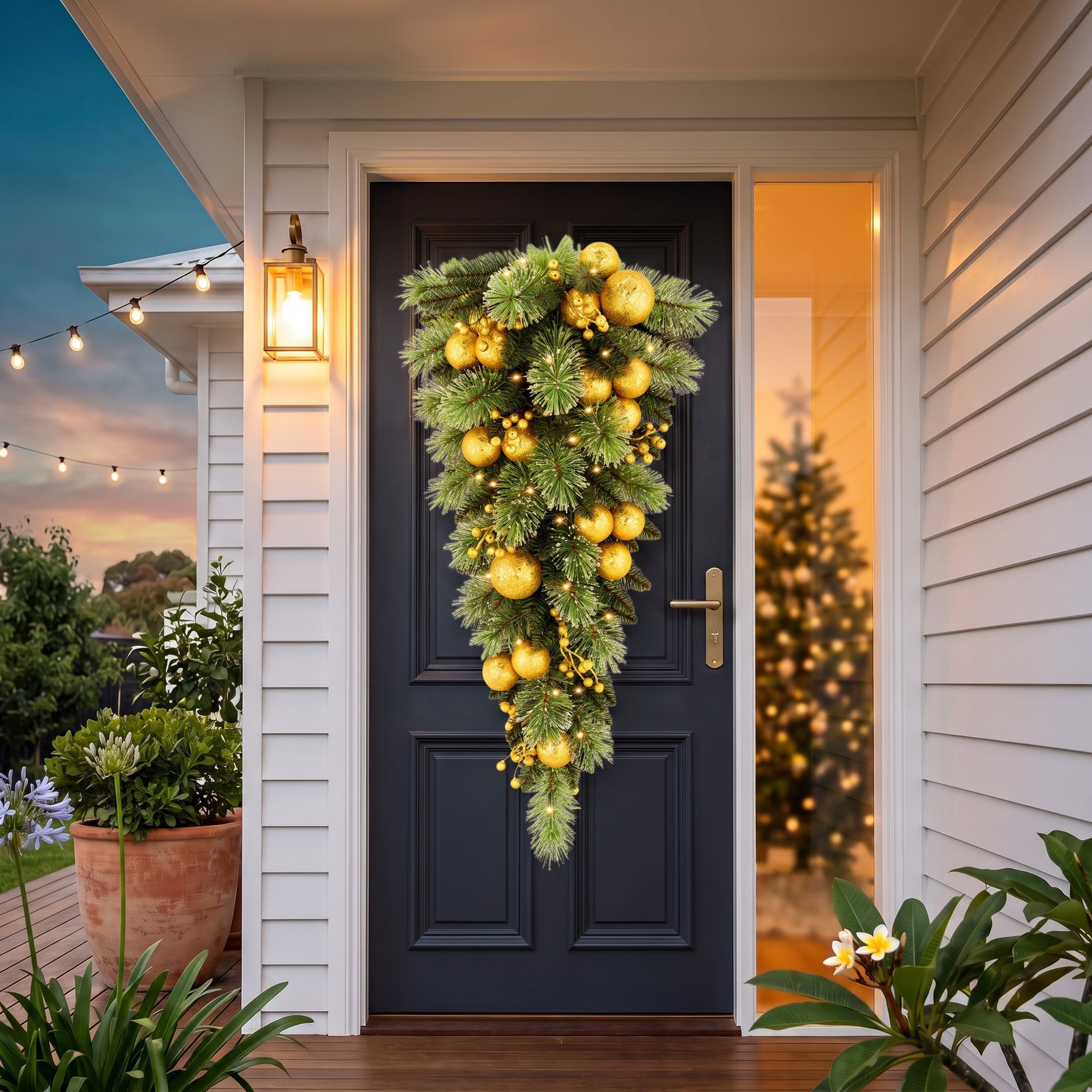 Christabelle 90cm Gold Christmas Teardrop Pre Lit Warm White LED Timer Baubles Berries Front Door Xmas Decoration Home