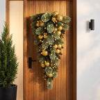 Christabelle 90cm Gold Christmas Teardrop Pre Lit Warm White LED Timer Baubles Berries Front Door Xmas Decoration Home