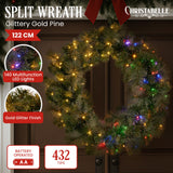 Christabelle 122cm Wreath Glittery Gold Pine Split for Double Doors Battery-Operated Pre-Lit Christmas Wreath with Multi-Function LED Lights