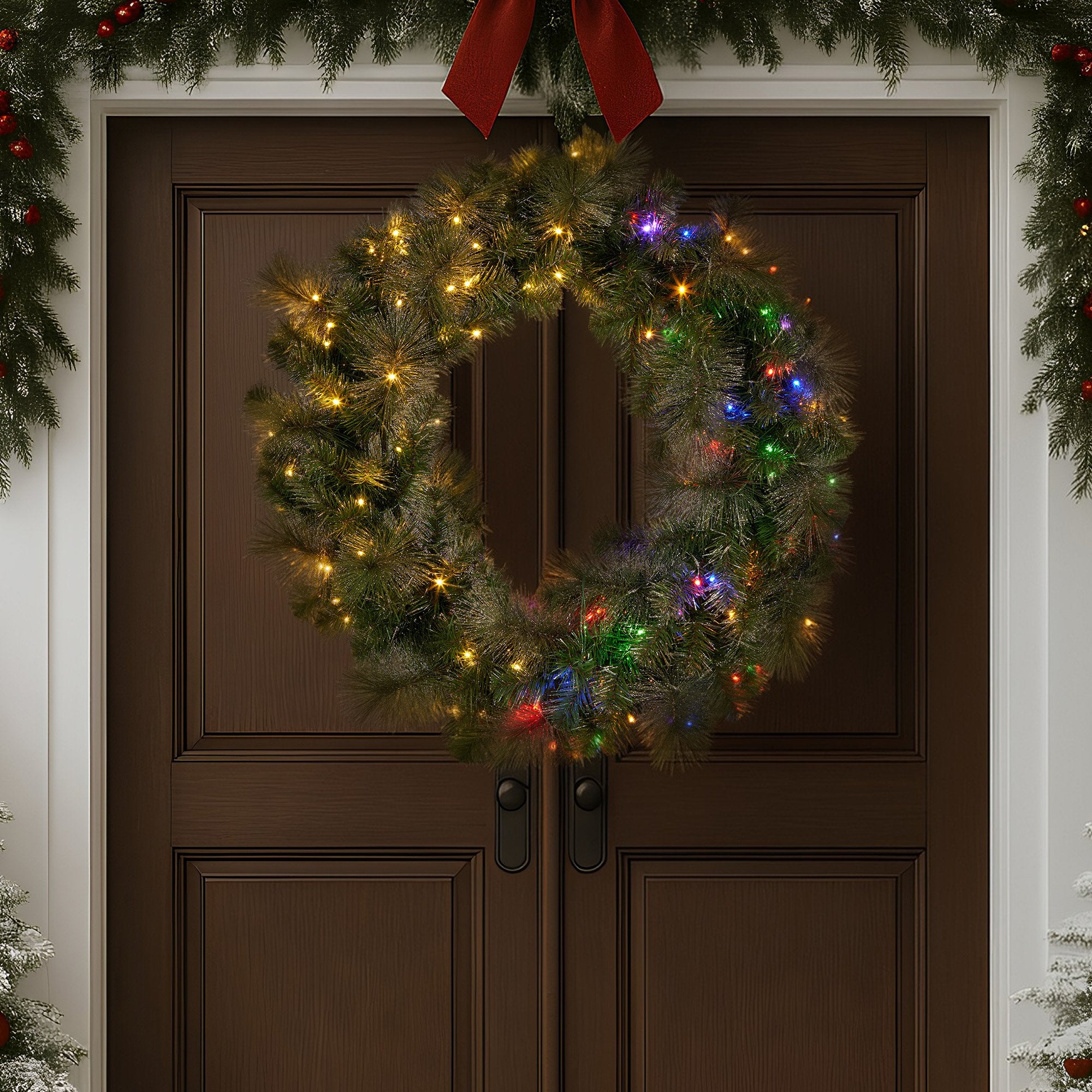 Christabelle 1.22m Split 2pc Christmas Wreath with LED Lights Pine Dual Front Doors Decoration Ornament