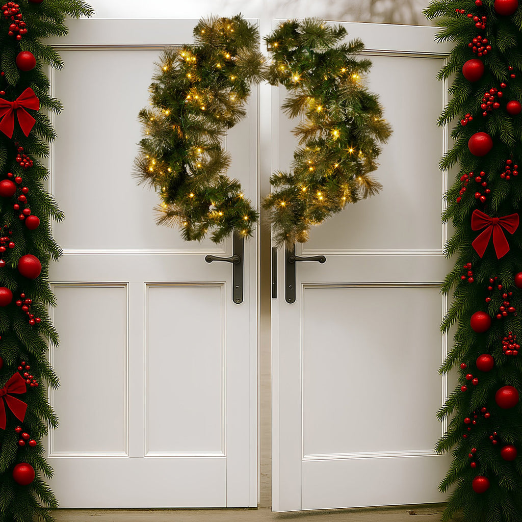 Christabelle 1.22m Split 2pc Christmas Wreath with LED Lights Pine Dual Front Doors Decoration Ornament