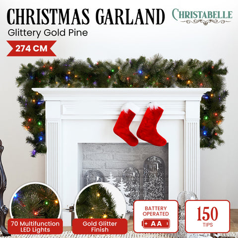 Christabelle 274cm Garland Glittery Gold Pine Battery-Operated Pre-Lit Christmas Garland with Multi-Function LED Lights