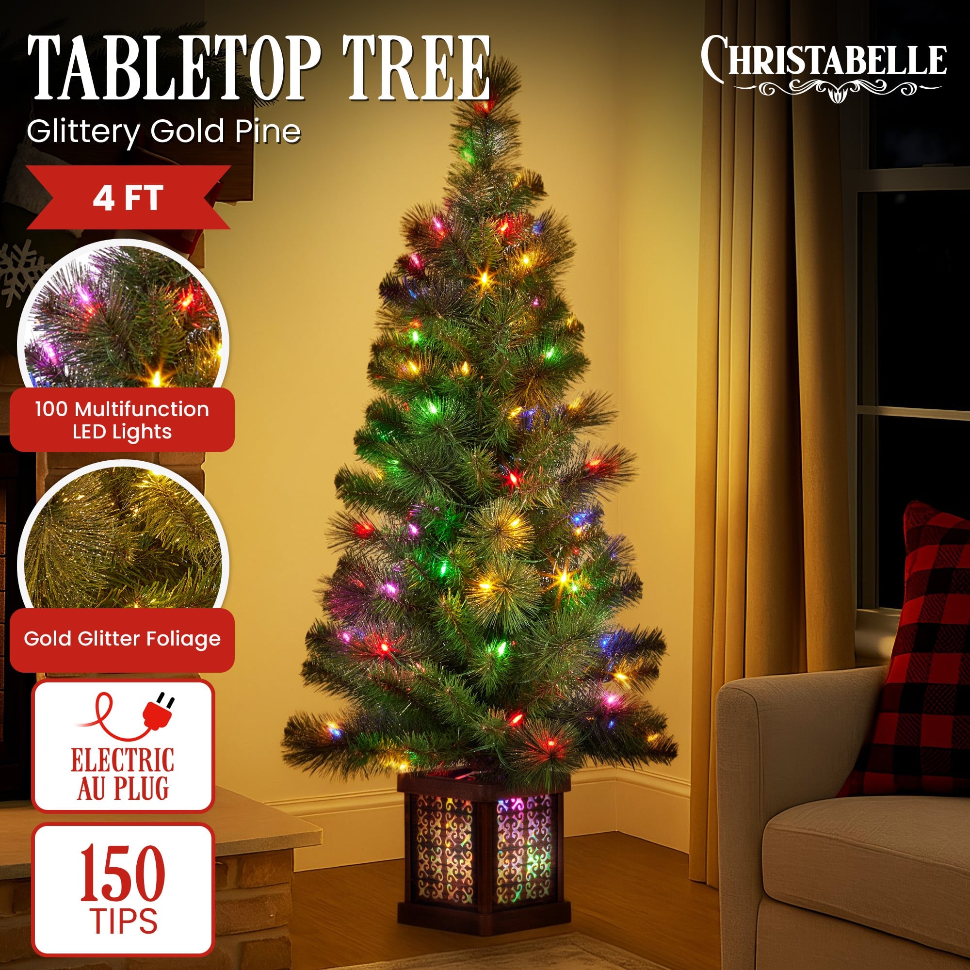 Christabelle 4ft  Christmas Tree Glittery Gold Pine Foliage LED Multi Lights Xmas Decor