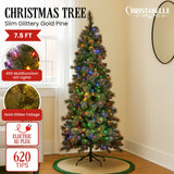Christabelle 7.5ft Christmas Tree Slim Prelit Glittery Gold Pine Needles LED Lights Xmas Decor