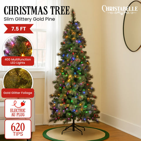 Christabelle 7.5ft Christmas Tree Slim Prelit Glittery Gold Pine Needles LED Lights Xmas Decor