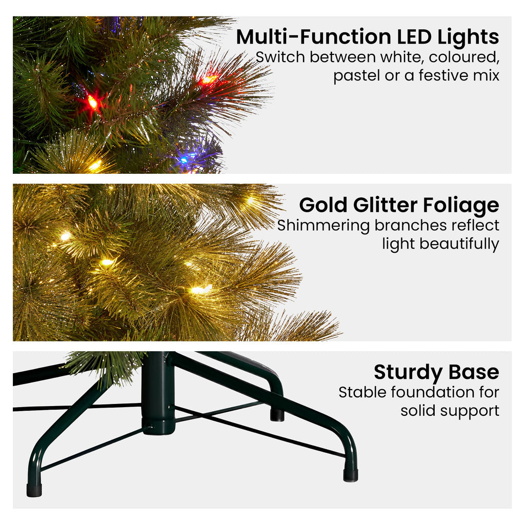 Christabelle 7.5ft Christmas Tree Glittery Gold Pine 650 LED Multi-functional Lights Xmas Decor