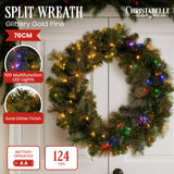 Christabelle 76cm Wreath Glittery Gold Pine Split for Double Doors Battery-Operated Pre-Lit Christmas Wreath with Multi-Function LED Lights