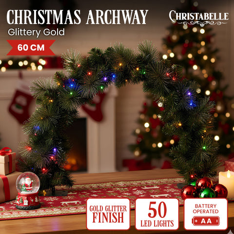 Christabelle 60cm Archway Glittery Gold Battery-Operated Pre-Lit Tabletop Christmas Archway with Multi-Function LED Lights