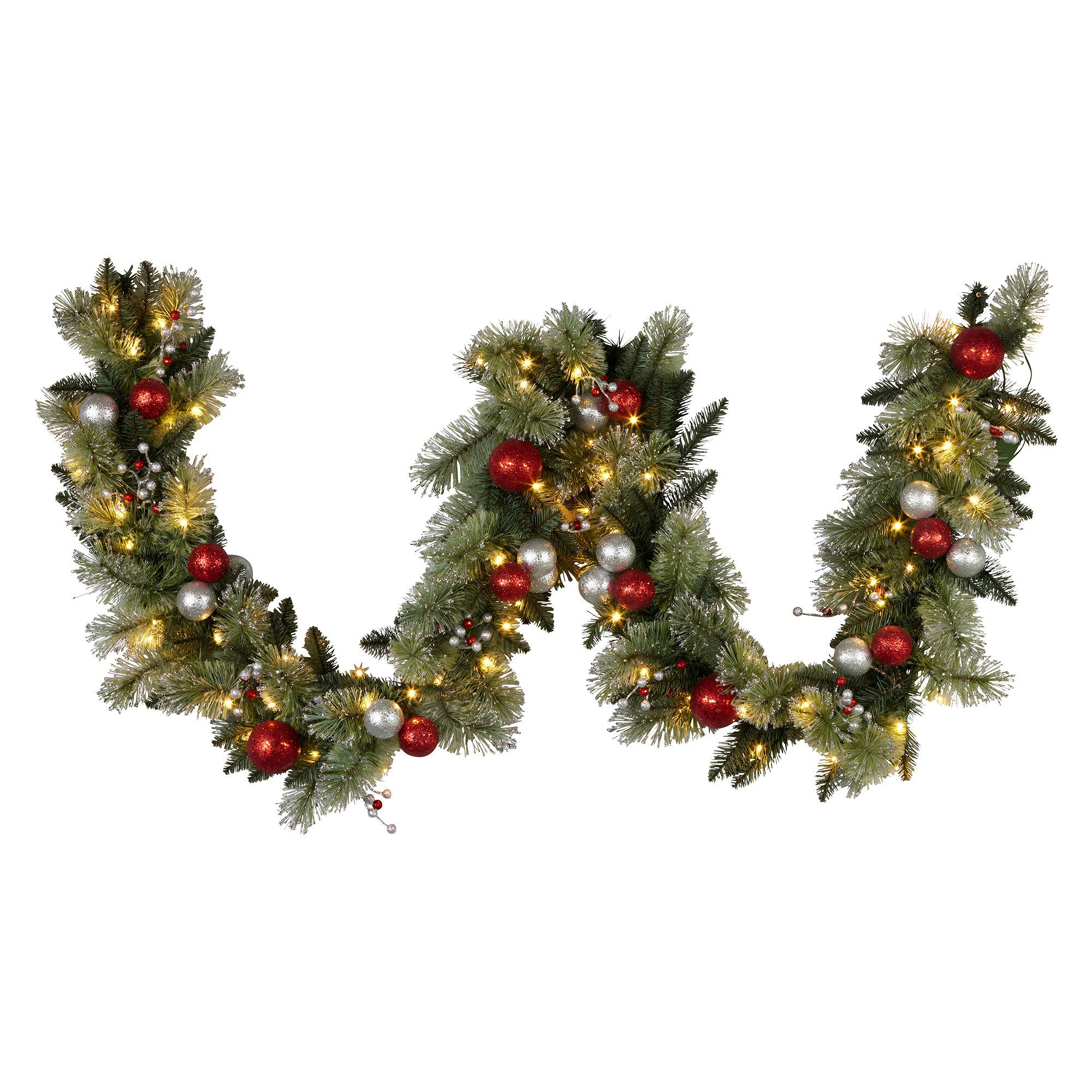 Christabelle 274cm Pre-Lit Christmas Garland Jingle Bells Collection Battery-Operated Warm White LED Lights Silver Red Baubles Berries