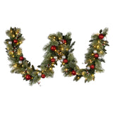 Christabelle 274cm Pre-Lit Christmas Garland Jingle Bells Collection Battery-Operated Warm White LED Lights Silver Red Baubles Berries