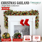 Christabelle 274cm Pre-Lit Christmas Garland Jingle Bells Collection Battery-Operated Warm White LED Lights Silver Red Baubles Berries