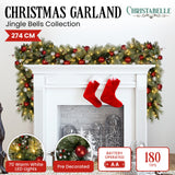 Christabelle 274cm Pre-Lit Christmas Garland Jingle Bells Collection Battery-Operated Warm White LED Lights Silver Red Baubles Berries