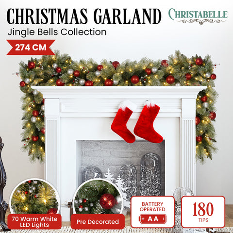 Christabelle 274cm Pre-Lit Christmas Garland Jingle Bells Collection Battery-Operated Warm White LED Lights Silver Red Baubles Berries