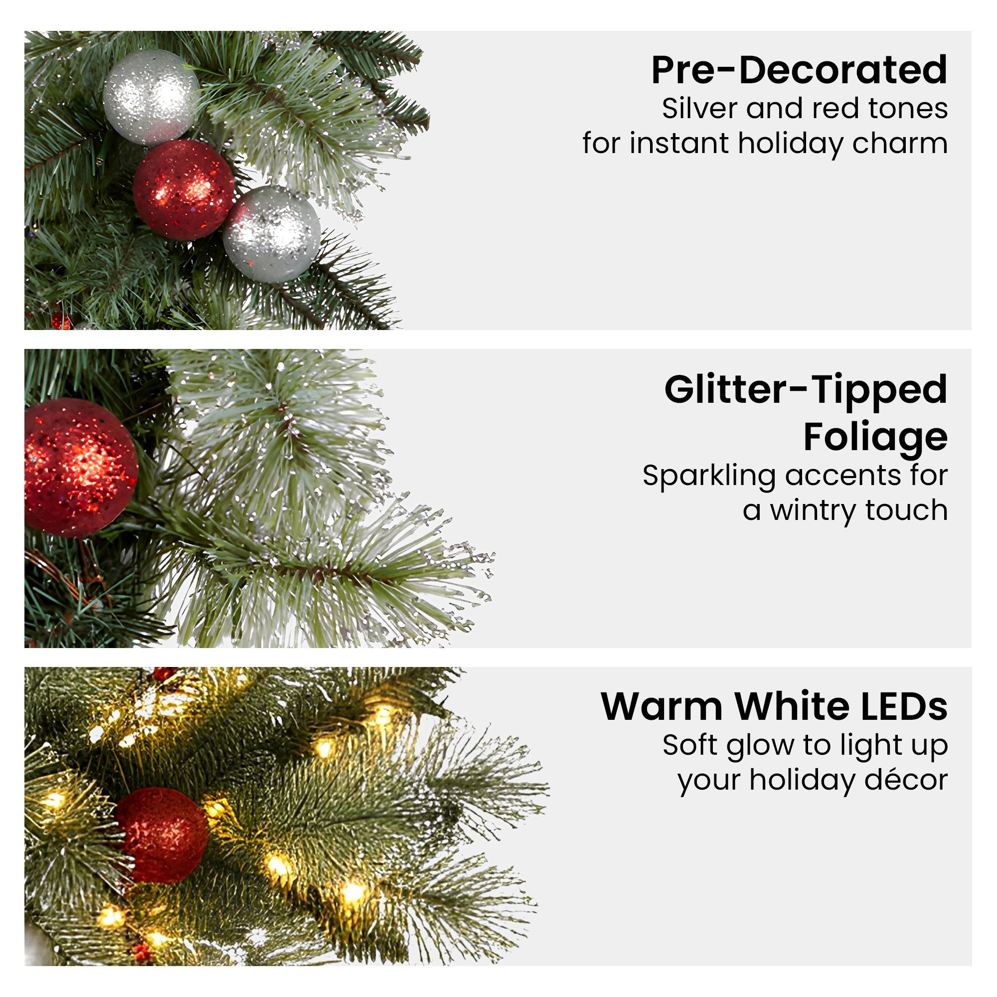 Christabelle 274cm Pre-Lit Christmas Garland Jingle Bells Collection Battery-Operated Warm White LED Lights Silver Red Baubles Berries