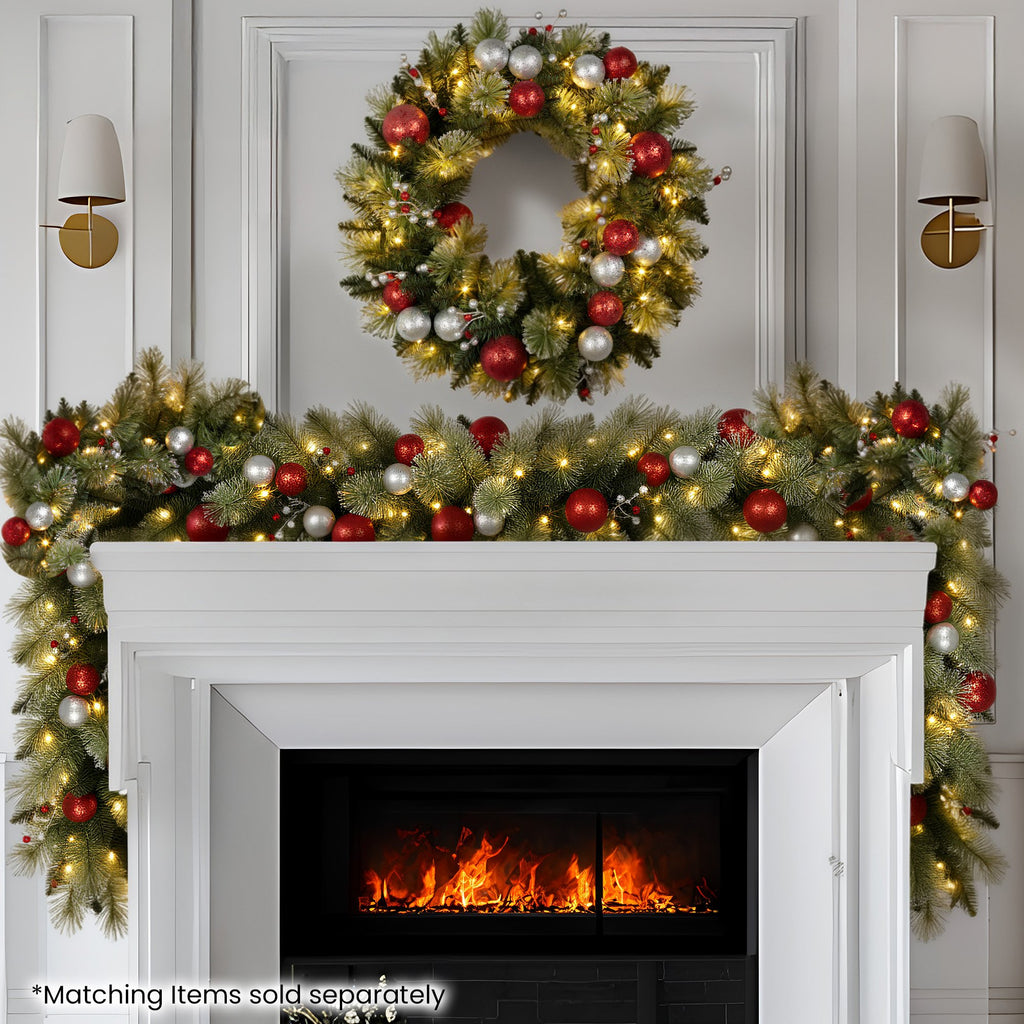 Christabelle 274cm Pre-Lit Christmas Garland Jingle Bells Collection Battery-Operated Warm White LED Lights Silver Red Baubles Berries