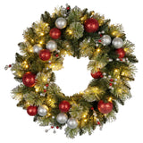 Christabelle 61cm Pre-Lit Christmas Wreath Jingle Bells Collection Battery-Operated Warm White LED Lights Silver Red Baubles Berries