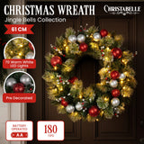 Christabelle 61cm Pre-Lit Christmas Wreath Jingle Bells Collection Battery-Operated Warm White LED Lights Silver Red Baubles Berries