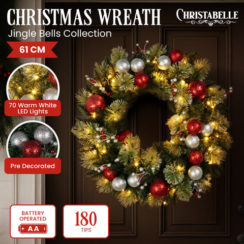 Christabelle 61cm Pre-Lit Christmas Wreath Jingle Bells Collection Battery-Operated Warm White LED Lights Silver Red Baubles Berries