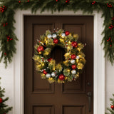 Christabelle 61cm Pre-Lit Christmas Wreath Jingle Bells Collection Battery-Operated Warm White LED Lights Silver Red Baubles Berries